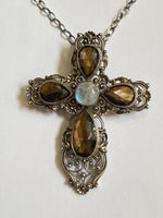 Ornate Sterling Silver Cross with Opal Center 2 1/2"